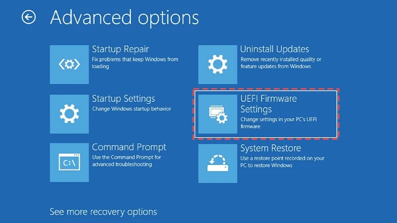 接着选择高级选项，选择 UEFI 固件设置。