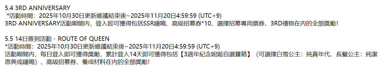 14日签到奖励、3RD ANNIVERSARY活动登录奖励