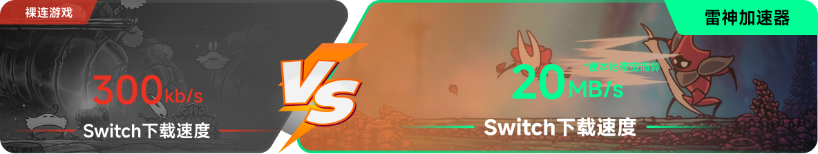 使用雷神加速器前后，空洞骑士丝之歌Switch版下载速度对比