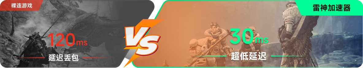 使用雷神加速器前后，游戏内延迟高低对比