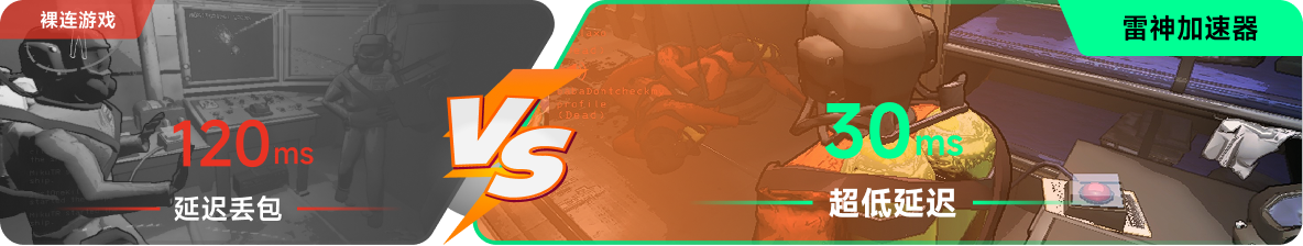 使用雷神加速器前后，游戏内延迟高低对比