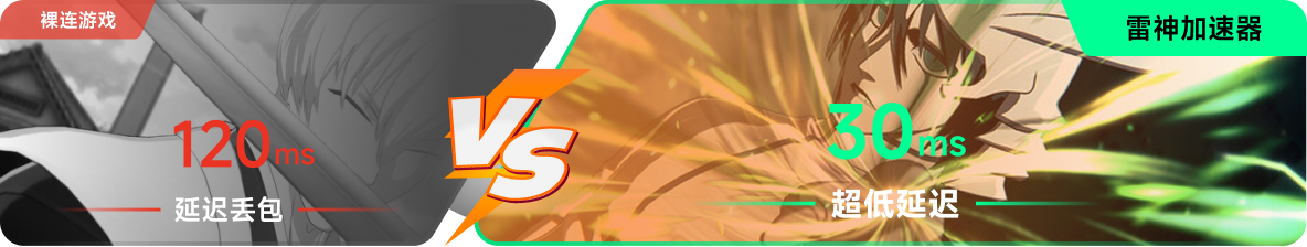 使用雷神加速器前后，游戏内延迟高低对比