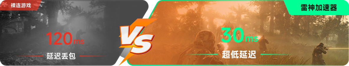 使用雷神加速器前后，游戏内延迟高低对比
