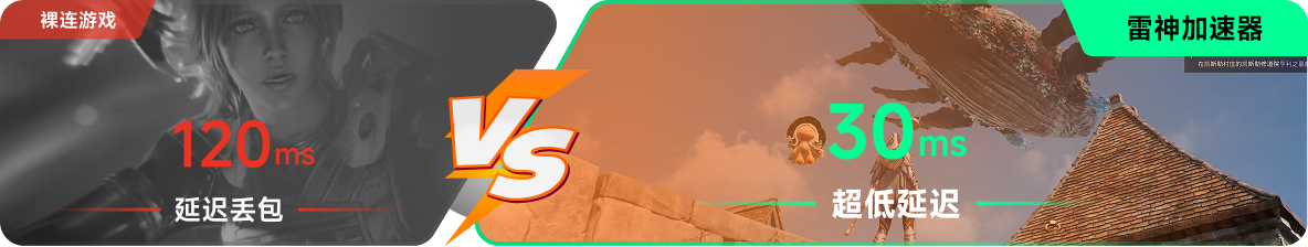 使用雷神加速器前后，游戏内延迟高低对比
