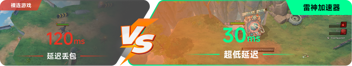 使用雷神加速器前后，游戏内延迟高低对比