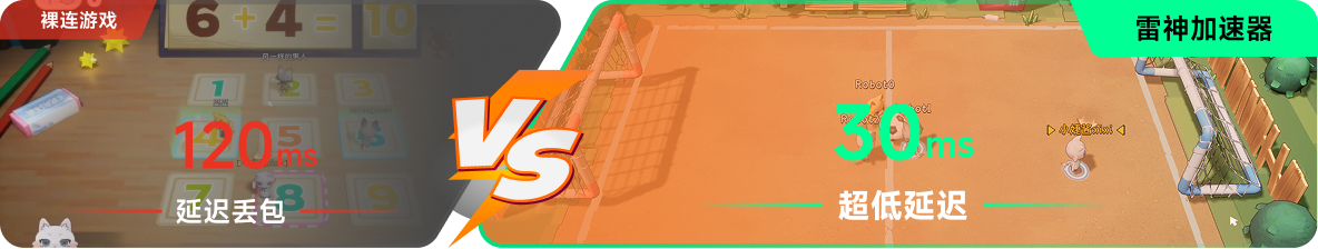 使用雷神加速器前后，游戏内延迟高低对比