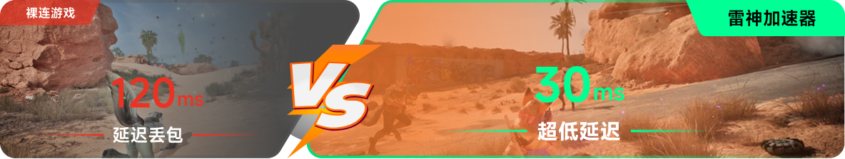 使用雷神加速器前后，游戏内延迟高低对比