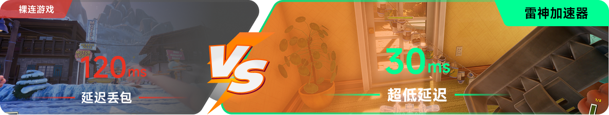 使用雷神加速器前后，游戏内延迟高低对比
