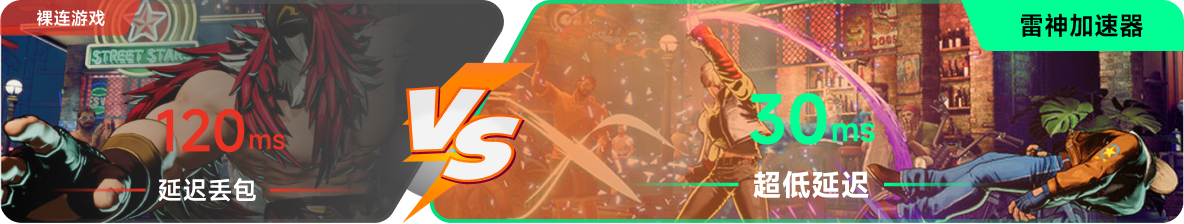 使用雷神加速器前后，游戏内延迟高低对比