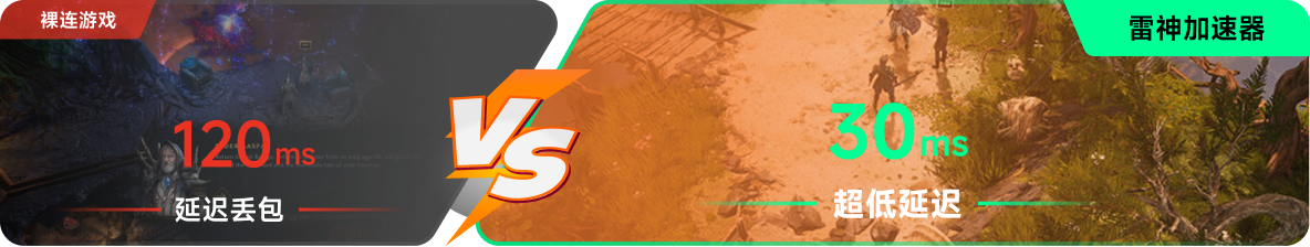 使用雷神加速器前后，游戏内延迟高低对比