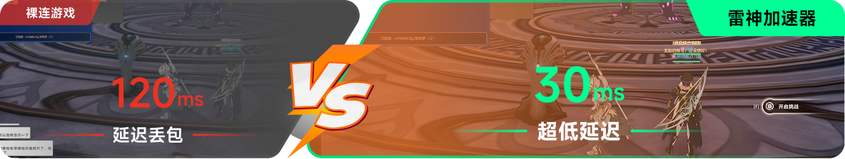 使用雷神加速器前后，游戏内延迟高低对比