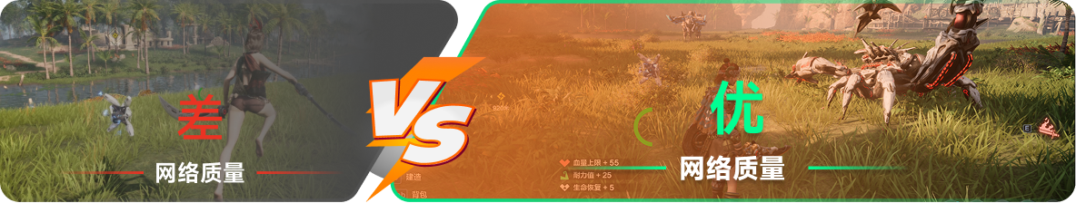使用雷神加速器前后，游戏内网络质量对比