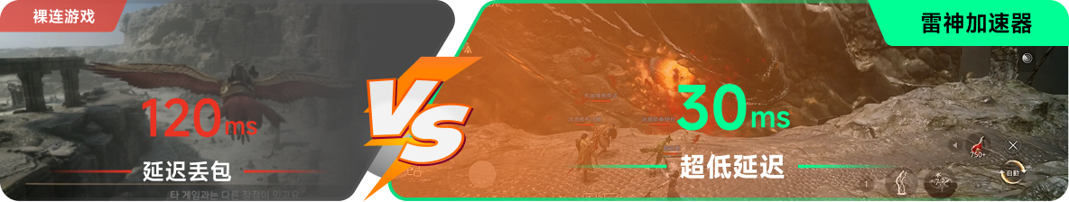 使用雷神加速器前后，游戏内延迟高低对比