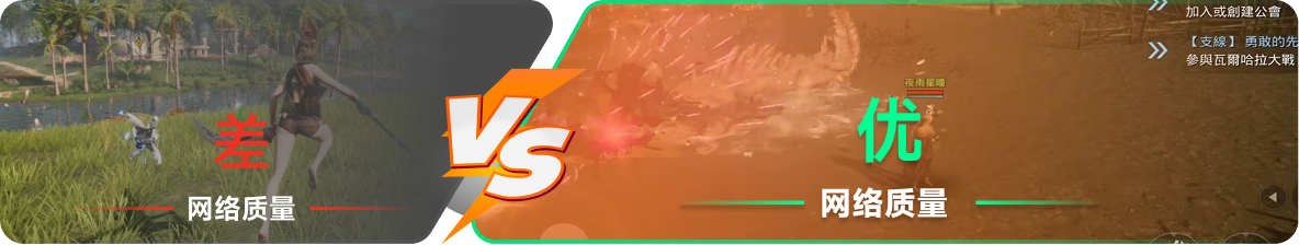 使用雷神加速器前后，游戏内网络质量对比