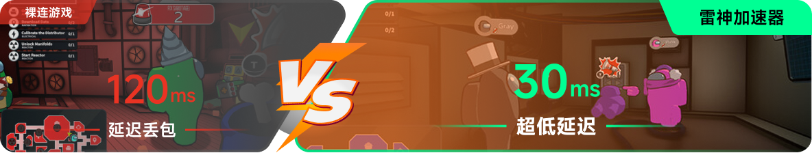 使用雷神加速器前后，游戏内延迟高低对比
