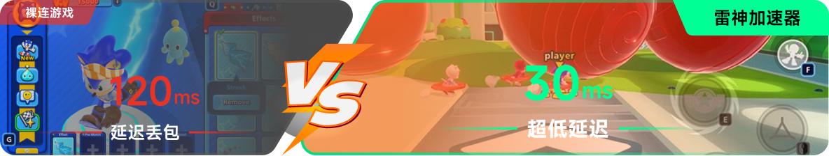 使用雷神加速器前后，游戏内延迟高低对比