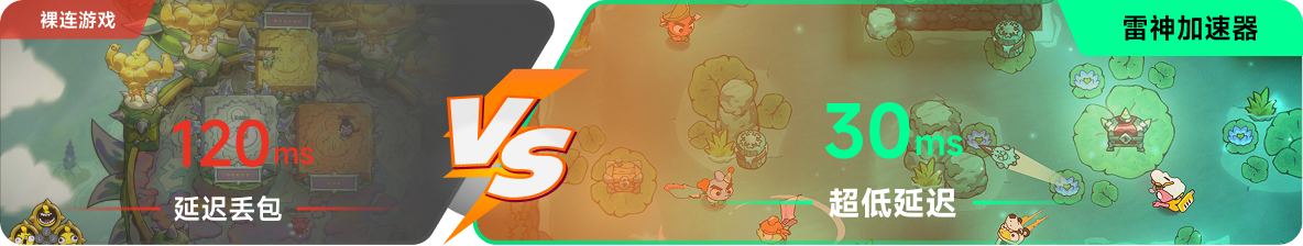 使用雷神加速器前后，游戏内延迟高低对比