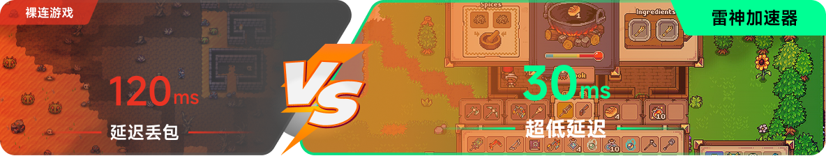 使用雷神加速器前后，游戏内延迟高低对比