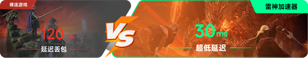 使用雷神加速器前后，游戏内延迟高低对比