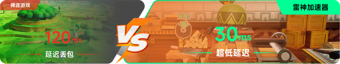 使用雷神加速器前后，游戏内延迟高低对比