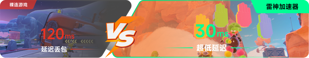 使用雷神加速器前后，游戏内延迟高低对比