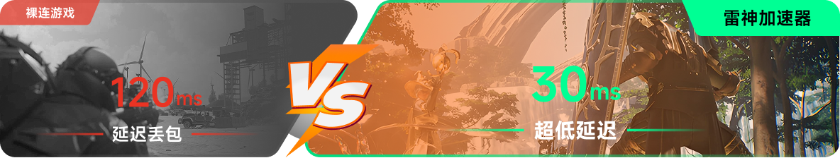 使用雷神加速器前后，游戏内延迟高低对比