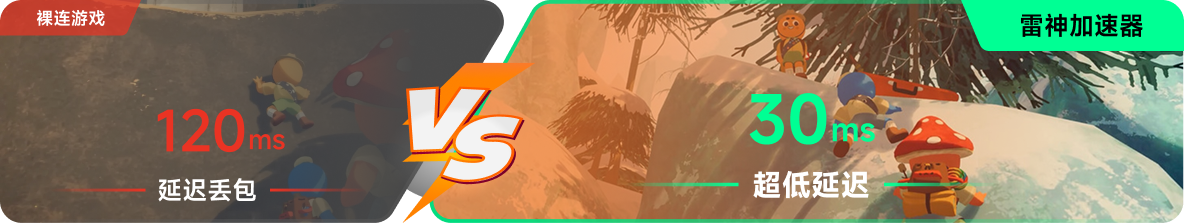 使用雷神加速器前后，游戏内延迟高低对比