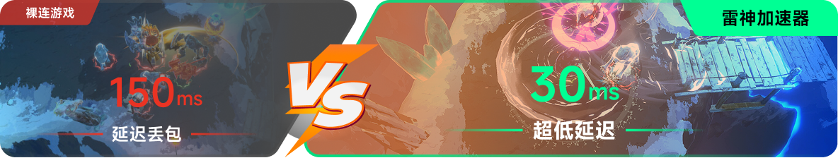 使用雷神加速器前后，游戏内延迟高低对比
