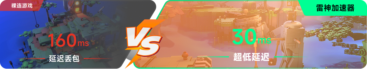 使用雷神加速器前后，游戏内延迟高低对比