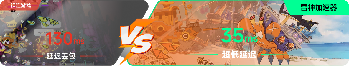 使用雷神加速器前后，游戏内延迟高低对比