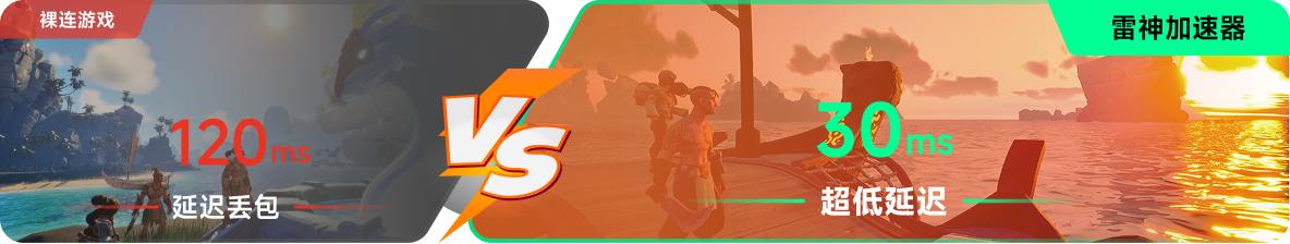 使用雷神加速器前后，游戏内延迟高低对比