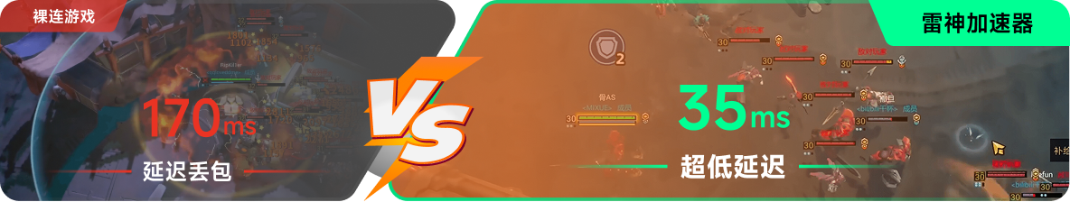使用雷神加速器前后，游戏内延迟高低对比