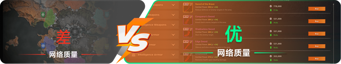 使用雷神加速器前后，游戏内网络质量对比