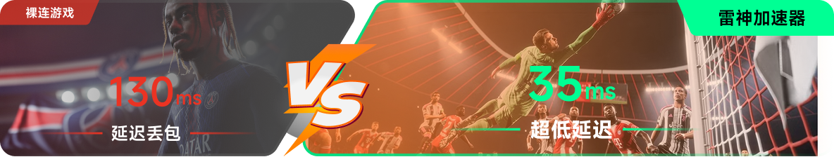 使用雷神加速器前后，游戏内延迟高低对比