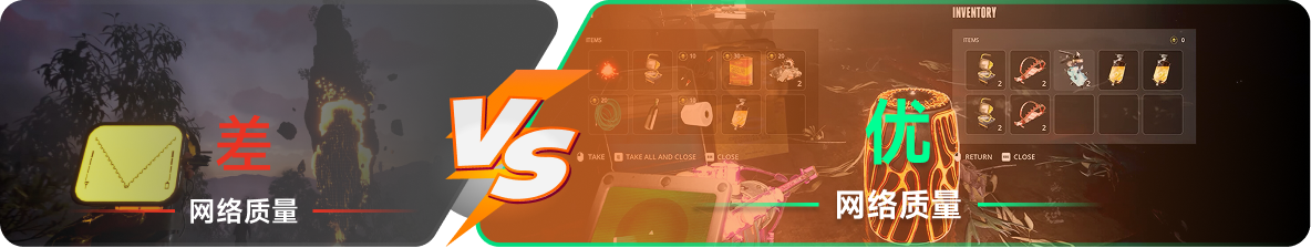 使用雷神加速器前后，游戏内网络质量对比