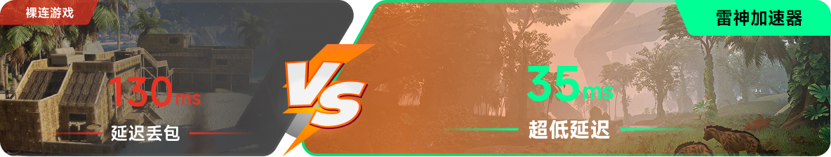 使用雷神加速器前后，游戏内延迟高低对比