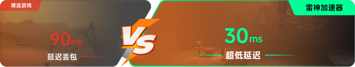 使用雷神加速器前后，游戏内延迟高低对比
