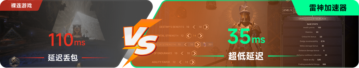 使用雷神加速器前后，游戏内延迟高低对比