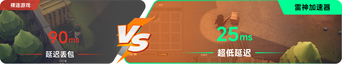 使用雷神加速器前后，游戏内延迟高低对比
