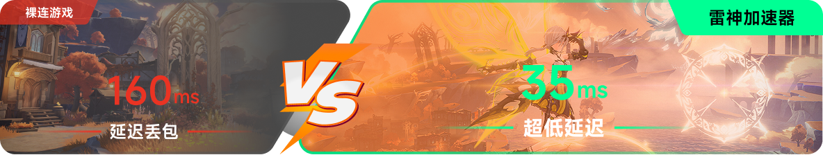 使用雷神加速器前后，游戏内延迟高低对比