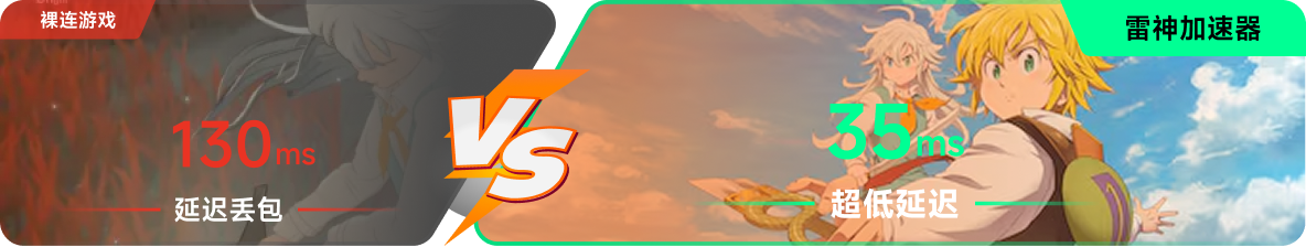 使用雷神加速器前后，游戏内延迟高低对比
