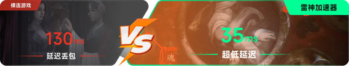 使用雷神加速器前后，游戏内延迟高低对比