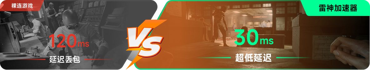 使用雷神加速器前后，游戏内延迟高低对比