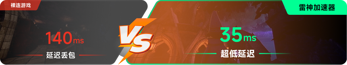 使用雷神加速器前后，游戏内延迟高低对比