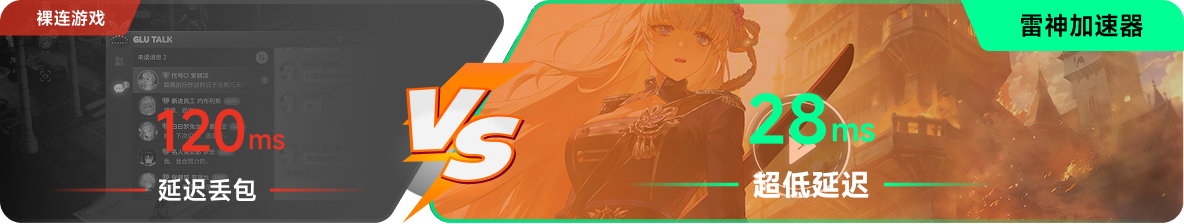 使用雷神加速器前后，游戏内延迟高低对比