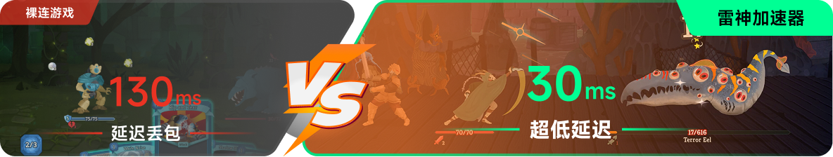 使用雷神加速器前后，游戏内延迟高低对比