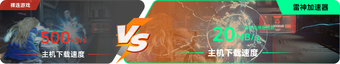 使用雷神加速器前后，主机下载速度对比