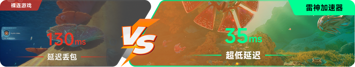 使用雷神加速器前后，游戏内延迟高低对比