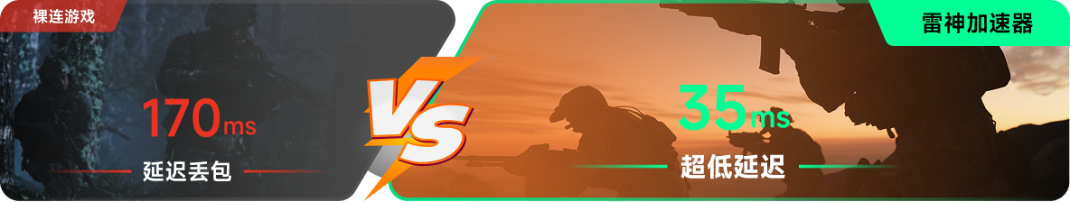 使用雷神加速器前后，游戏内延迟高低对比