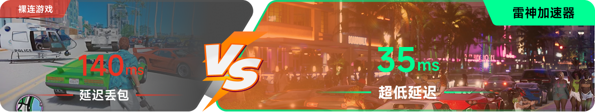 使用雷神加速器前后，游戏内延迟高低对比